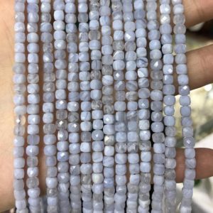 Shop Blue Lace Agate Faceted Beads! Blue Lace Agate Cube Beads, Natural Gemstone Beads, Genuine Stone Beads, Faceted Beads 4mm 15'' | Natural genuine faceted Blue Lace Agate beads for beading and jewelry making.  #jewelry #beads #beadedjewelry #diyjewelry #jewelrymaking #beadstore #beading #affiliate #ad