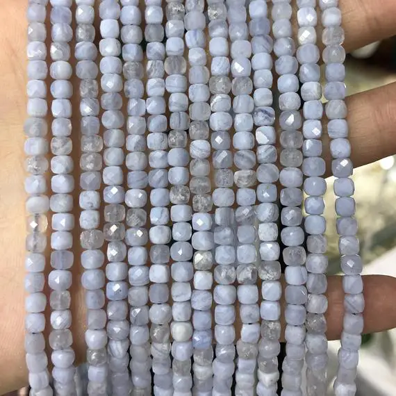 Blue Lace Agate Cube Beads, Natural Gemstone Beads, Genuine Stone Beads, Faceted Beads 4mm 15''