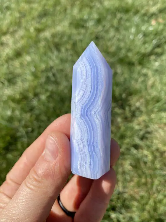 Blue Lace Agate Stone Point (~2.5"-4.5") - Blue Lace Agate Crystal Point - Polished Blue Lace Agate Stone Tower - White Banded Blue Agate