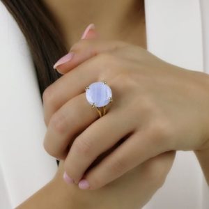 Blue Lace Agate Ring · Round Cut Cocktail Ring · Gold Ring With Gemstone · Gem Stone Ring · Semiprecious Rings · Gifts For Her | Natural genuine Blue Lace Agate rings, simple unique handcrafted gemstone rings. #rings #jewelry #shopping #gift #handmade #fashion #style #affiliate #ad