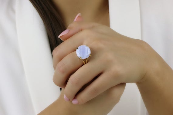 Blue Lace Agate Ring · Round Cut Cocktail Ring · Gold Ring With Gemstone · Gem Stone Ring · Semiprecious Rings · Gifts For Her