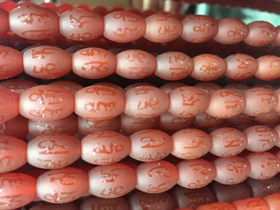 Matte Red Carnelian Barrel Beads - Religious Om Gemstone Beads - Tibetian Buddahism Beads - Religious Jewelry Making Component Beads