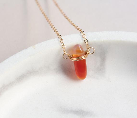 Real Carnelian Necklace Gold Pendant, Dainty Gemstone Necklace, Orange Drop Pendant Necklace, Carnelian Bead Necklace, Wire Wrapped Necklace