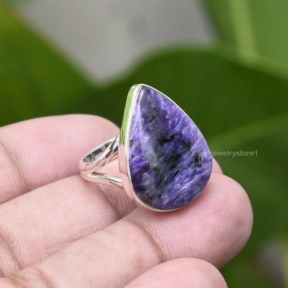 Russian Charoite Ring, Sterling Silver Ring, Charoite Ring, 16x21mm Pear Ring,gemstone Ring, Women Ring,silver Ring,handmade Ring, Size 7 Us