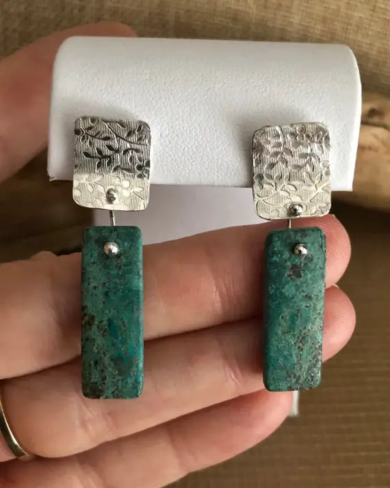 Turquoise Chrysocolla Stone Dangle Earrings, Patterned Silver Dangle Earrings, Floral Silver Earrings, Everyday Earrings