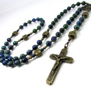 Shop Chrysocolla Necklaces! Chrysocolla Gemstone Mens Rosary Necklace with Bronze Cross, Cross Necklace for Men, Natural Gemstone Mens Necklace, Mens Gemstone Rosary | Natural genuine Chrysocolla necklaces. Buy handcrafted artisan men's jewelry, gifts for men.  Unique handmade mens fashion accessories. #jewelry #beadednecklaces #beadedjewelry #shopping #gift #handmadejewelry #necklaces #affiliate #ad