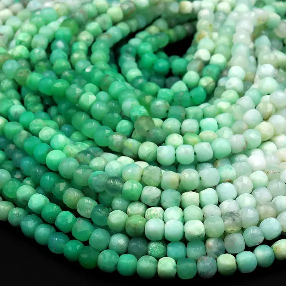 Natural Australian Green Chrysoprase Faceted 4mm Cube Square Dice Beads Gemstone 15.5" Strand