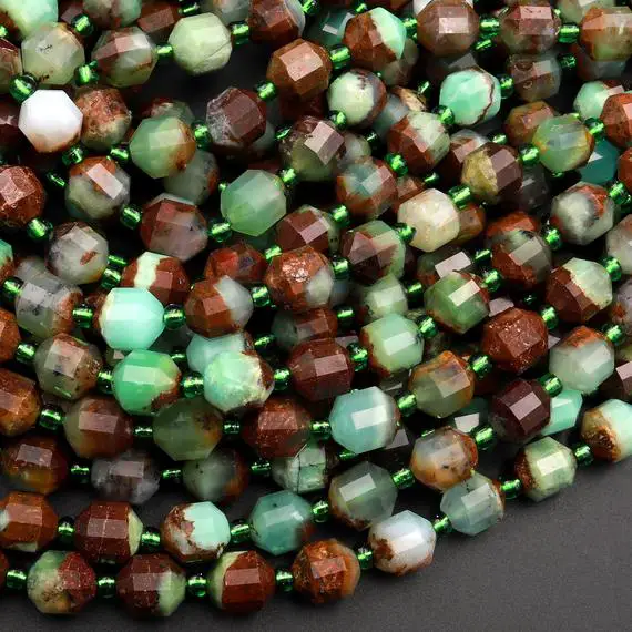 Natural Bicolor Green Brown Chrysoprase 6mm 8mm Beads Rounded Faceted Energy Prism Double Terminated Points 15.5" Strand