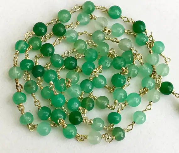 4.5mm Chrysoprase Wire Wrapped Plain Rondelle Beads, Chain By The Foot, Rosary Style Beaded Chain, 925 Silver With Gold Polish - Ks3544