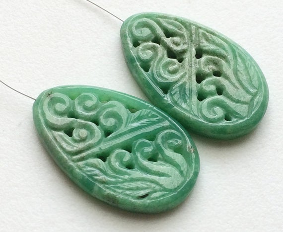 32x20mm Chrysoprase Filigree Hand Carved Drilled Matched Pair, Chrysoprase Gemstone Carving, Natural Chrysoprase Filigree For Jewelry