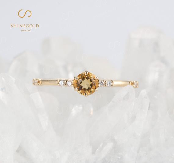 Citrine Engagement Ring Vintage Round Citrine Ring Women Wedding Band Yellow Gold Simple Engagement Ring Dainty Diamond Ring Art  Deco Ring