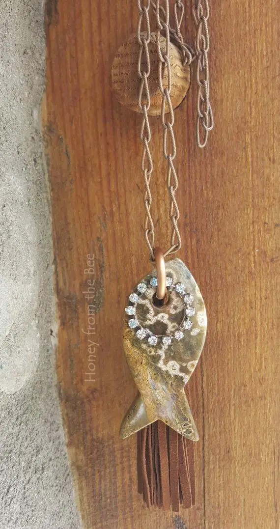Ocean Jasper Pendant With Crystal Accents - Boho Style Pendant - Fish Pendant - Ocean Jasper Necklace - Fisherwoman Necklace - Tunic Length