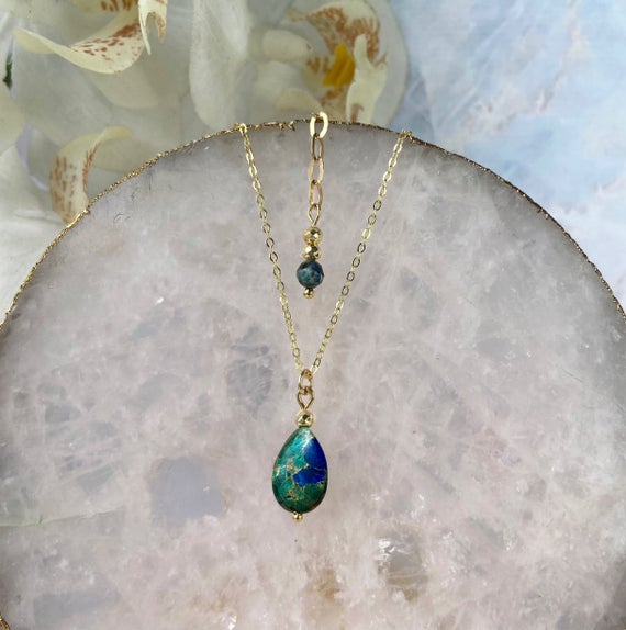 Dainty Azurite Copper Necklace, 18k Gold Vermeil Necklace, Gemstone Necklace, Chakra Necklace, Minimalist Necklace, Azurite Necklace, Gift