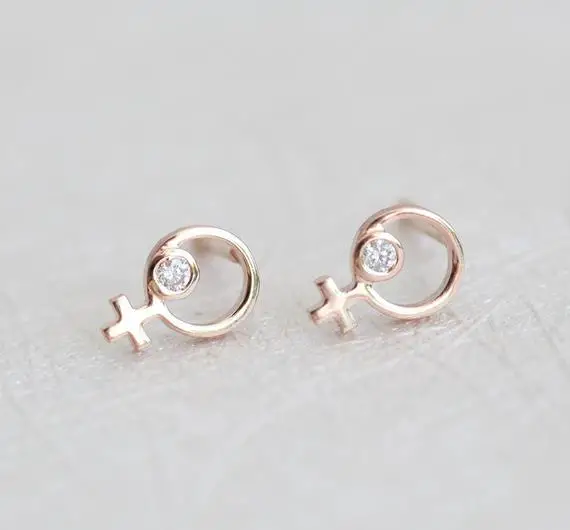 Rose Gold Diamond Female Symbol Earrings, 14k Solid Yellow, White Woman Studs, Dainty Delicate Stud, Feminist Earring, Perfect Gift For Her