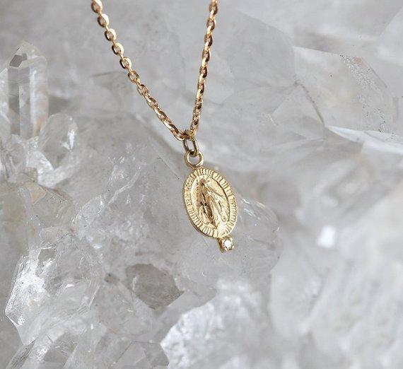Miraculous Medal Necklace, 14k Gold Mother Mary Necklace, Diamond Necklace, 18k Virgin Medallion