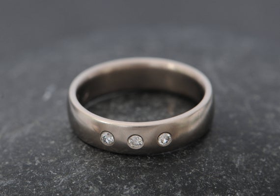 Chunky Wedding Band In 18k Gold With Diamonds, 5mm Wide Wedding Ring