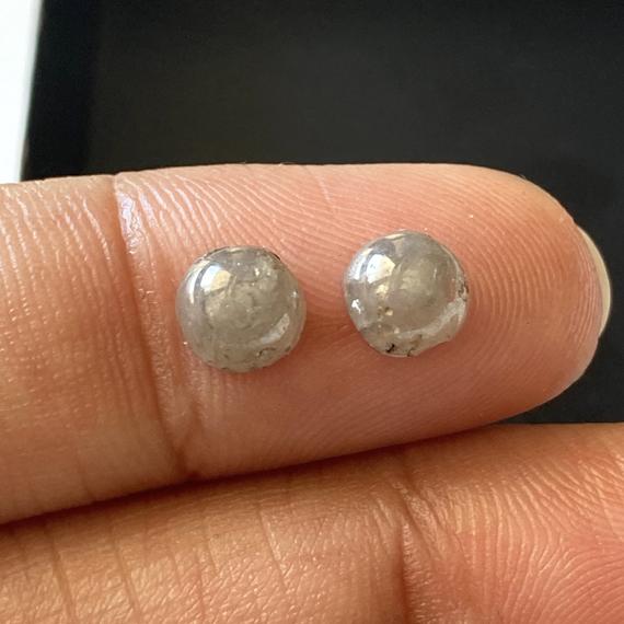 2 Piece Matched Pair 1.75ctw/5.7mm Natural Grey Round Shaped Smooth Loose Diamond Cabochons For Earrings, Dds729/3