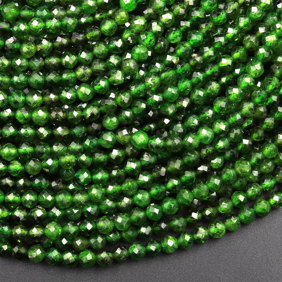 Real Genuine Natural Green Chrome Diopside Faceted 2mm 3mm 4mm Round Gemstone Beads 15.5" Strand