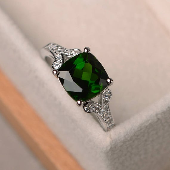 Genuine Diopside Ring, Cushion Cut Engagement Promise Ring, Sterling Silver Ring,green Gemstone Ring