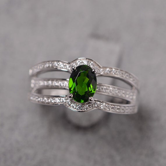 Green Diopside Ring Oval Cut White Gold Anniversary Ring For Women