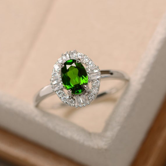 Green Diopside Ring, Sterling Silver, Delicate Ring, Oval Diopside Ring