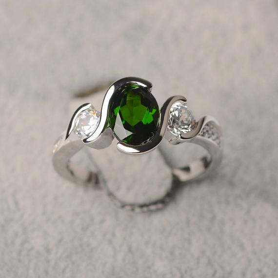 Diopside Ring Oval Shape Sterling Silver Ring For Women Green Gemstone Ring