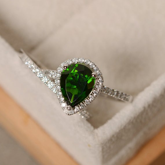 Pear Cut Diopside Ring, Promise Ring,wedding Ring, Sterling Silver,chrome Diopside