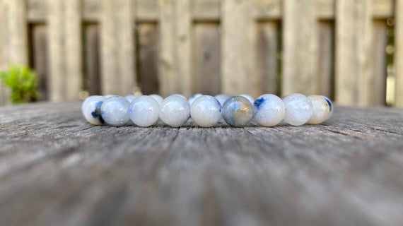 Dumortierite In White Quartz Bracelet 8mm Blue Dumortierite Inclusion Quartz Beaded Gemstone Bracelet Blue And White Stone Bracelet