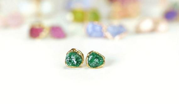 Raw Emerald Earrings, Emerald Stud Earrings, May Birthstone Earrings, Green Stud Earrings, Green Crystal Studs, Raw Gemstone Earrings,