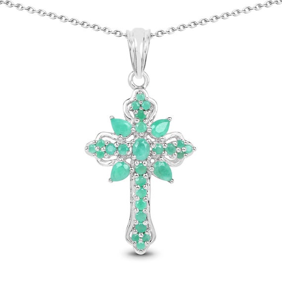 Emerald Pendant, Genuine Emerald Marquise Cross Pendant In .925 Sterling Silver, Gift For Mom, Gift For Her