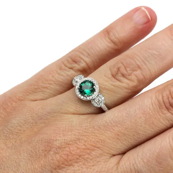 Emerald Engagement Ring 3 Stone Emerald Ring With Diamond Halo Emerald And Diamond Ring May Birthstone Green Stone In Gold Or Platinum