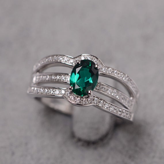 Emerald Ring May Birthstone White Gold Engagement Ring Oval Cut Green Stone Ring