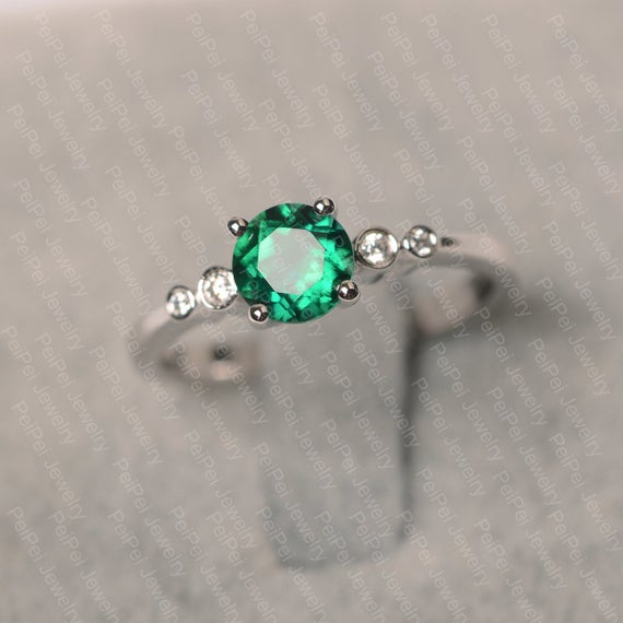 Emerald Ring Sterling Silver Engagement Ring For Women Round Cut May Birthstone Green Stone Ring