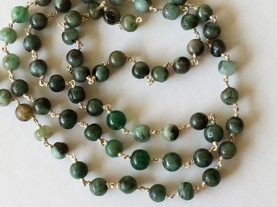 5mm Emerald Plain Round Balls Beads In 925 Silver Wire Wrapped Rosary Style Chain Emerald Beaded Chain, By Foot (1foot To 5feet Options)