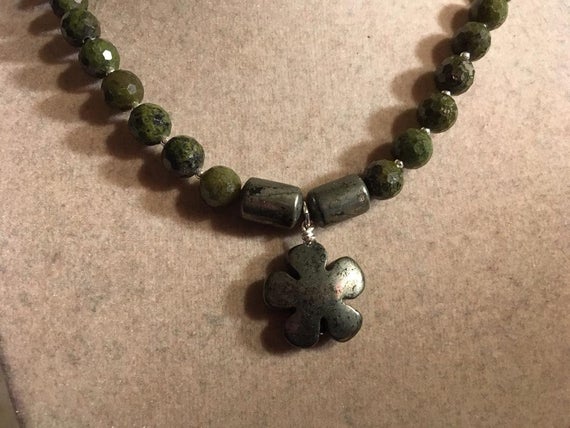 Pyrite Necklace - Sterling Silver Jewelry - Green Epidote Pyrite Gemstone Jewellery - Fools Gold - Flower