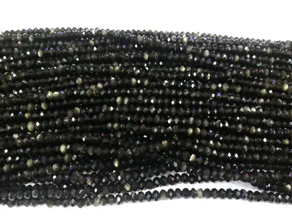 Genuine Faceted Gold Obsidian 3mm / 4mm Rondelle Cut Natural Loose Gemstone Grade A Beads 15 Inch Jewelry Bracelet Necklace Material Supply