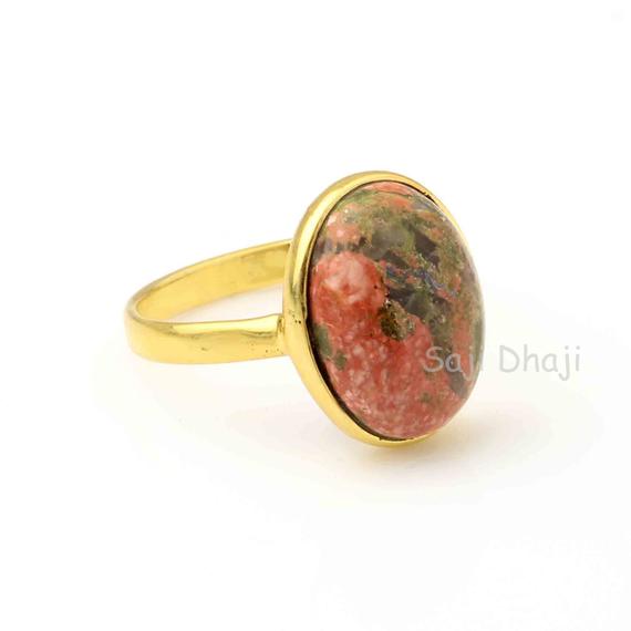 Gold Ring, Natural Unakite Ring, 925 Sterling Silver Ring, Gemstone Ring, 10x14mm Oval Shape Smooth Unakite Gemstone Ring, For Lovely Gifted