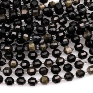 Shop Golden Obsidian Beads! Natural Golden Obsidian 6mm 8mm 10mm Beads Rounded Faceted Energy Prism Double Terminated Points 15.5" Strand | Natural genuine faceted Golden Obsidian beads for beading and jewelry making.  #jewelry #beads #beadedjewelry #diyjewelry #jewelrymaking #beadstore #beading #affiliate #ad
