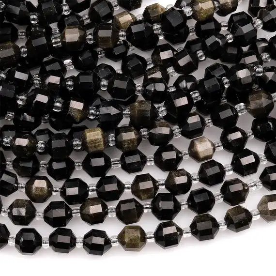 Natural Golden Obsidian 6mm 8mm 10mm Beads Rounded Faceted Energy Prism Double Terminated Points 15.5" Strand