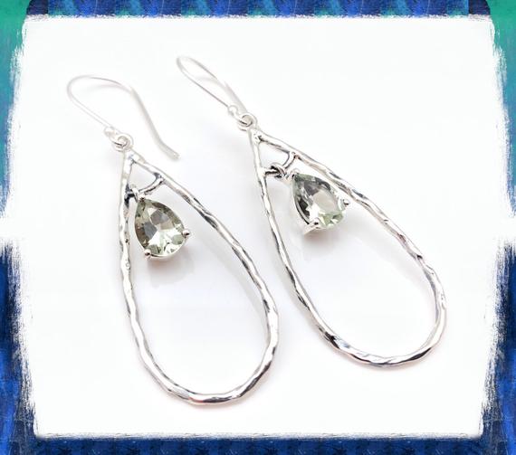Green Amethyst Silver Earrings - Long Dangly Oval Shape Amethyst Earrings - Sterling Silver