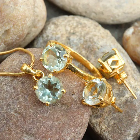 Natural Green Amethyst Ring Earrings Pendant Jewelry Set, Statement Jewelry, 18k Gold Plated Silver, Anniversary Gift, Bridal Jewelry Set