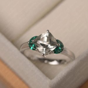 Five stone ring, natural green amethyst cocktail ring, cushion cut, solid silver, funny gifts | Natural genuine Gemstone rings, simple unique handcrafted gemstone rings. #rings #jewelry #shopping #gift #handmade #fashion #style #affiliate #ad