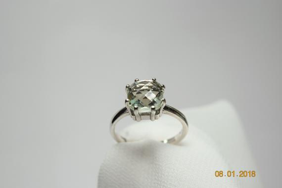Prasiolite Ring, Green Amethyst Ring, Solitaire Checkboard Cut 8 Mm Square 2+ Carats, Set In 925 Sterling Silver 8 Prong Ring