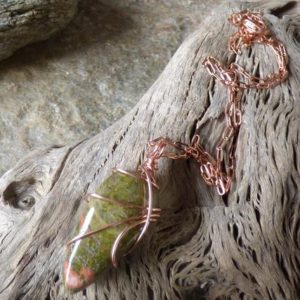Shop Unakite Pendants! Green and orange unakite inverted drop wire wrapped pendant in raw copper with an 18" tiny long link copper chain | Natural genuine Unakite pendants. Buy crystal jewelry, handmade handcrafted artisan jewelry for women.  Unique handmade gift ideas. #jewelry #beadedpendants #beadedjewelry #gift #shopping #handmadejewelry #fashion #style #product #pendants #affiliate #ad