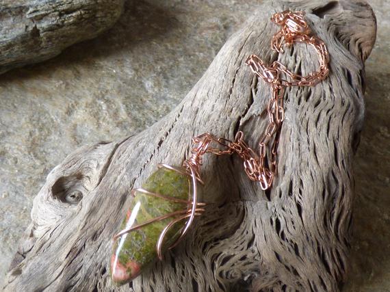 Green And Orange Unakite Inverted Drop Wire Wrapped Pendant In Raw Copper With An 18" Tiny Long Link Copper Chain