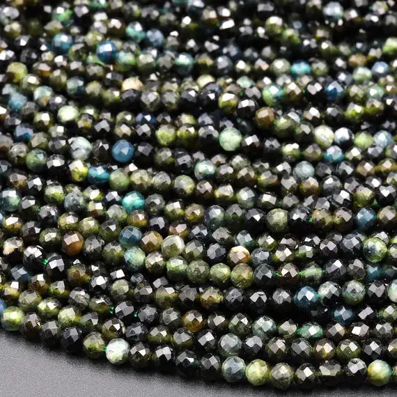 Natural Paraiba Green Tourmaline Faceted 3mm 4mm Round Beads Diamond Cut Gemstone 16" Strand