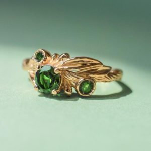 Gold branch engagement ring, green tourmaline ring, olive ring, leaves ring, unique ring for woman, leaf engagement, twig band, nature ring | Natural genuine Gemstone rings, simple unique alternative gemstone engagement rings. #rings #jewelry #bridal #wedding #jewelryaccessories #engagementrings #weddingideas #affiliate #ad