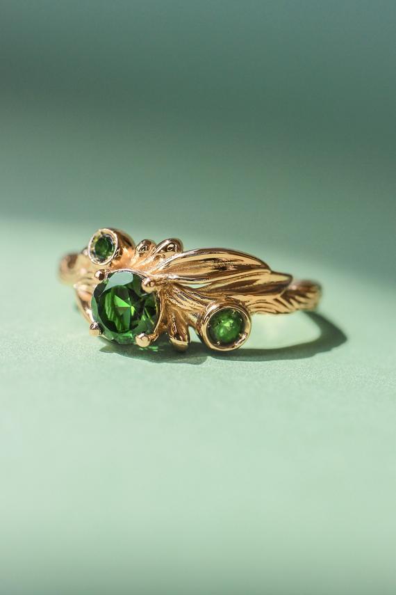 Gold Branch Engagement Ring, Green Tourmaline Ring, Olive Ring, Leaves Ring, Unique Ring For Woman, Leaf Engagement, Twig Band, Nature Ring