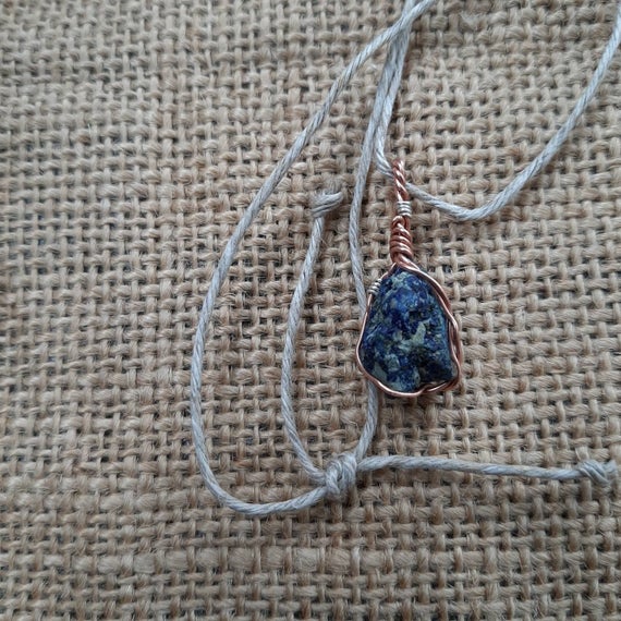 Handmade Azurite Necklace, Blue Gem Pendant, Solid Copper Wire Wrapped Pendant, Oth Style Necklace