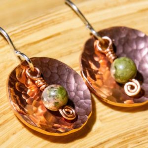 Shop Unakite Earrings! Handmade Copper and Unakite Earrings with Spiral Detail, Hammer Textured Copper Earrings Gemstone Earrings Green and Copper Celtic Spiral | Natural genuine Unakite earrings. Buy crystal jewelry, handmade handcrafted artisan jewelry for women.  Unique handmade gift ideas. #jewelry #beadedearrings #beadedjewelry #gift #shopping #handmadejewelry #fashion #style #product #earrings #affiliate #ad